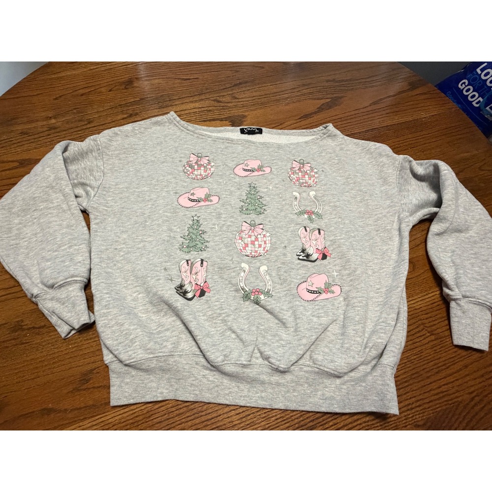 Vinyl Icons Gray Pink Western Christmas Sweatshirt Cowboy Boots Hat Medium